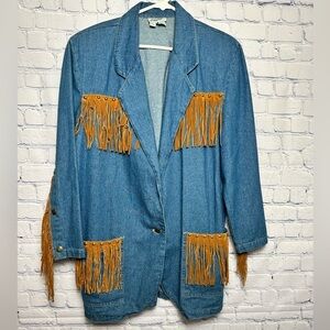 DREAMS Retro/Vintage denim blazer with brown leather fringe